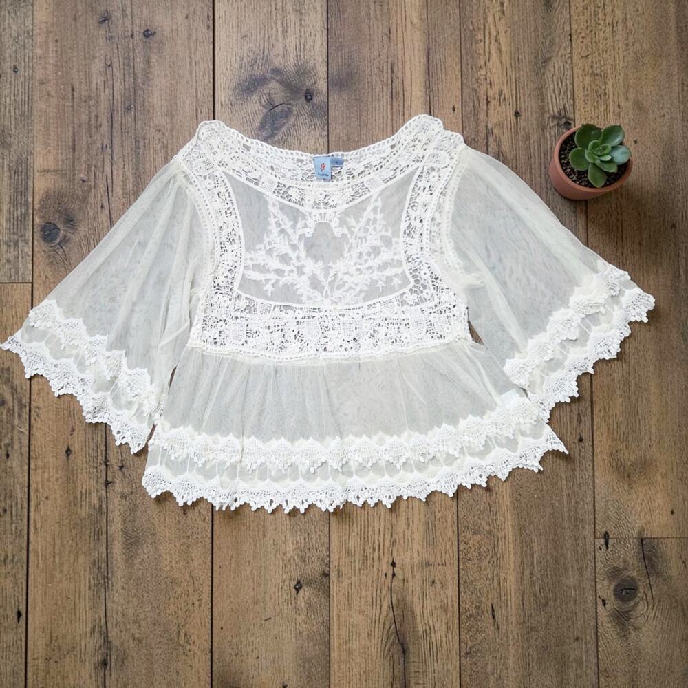 PINK MELO White Lace Wide Flare Sleeve Top Shirt Blouse S